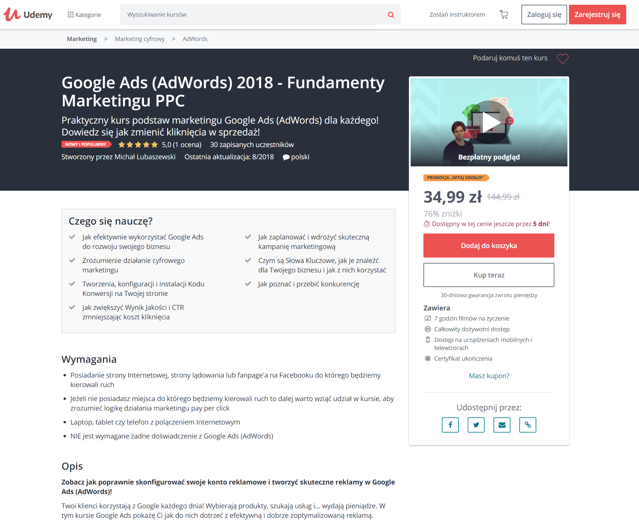 Kurs Google Adwords w Udemy. class="wp-image-790570" title="Google AdWords - poradnik i kurs Udemy" 