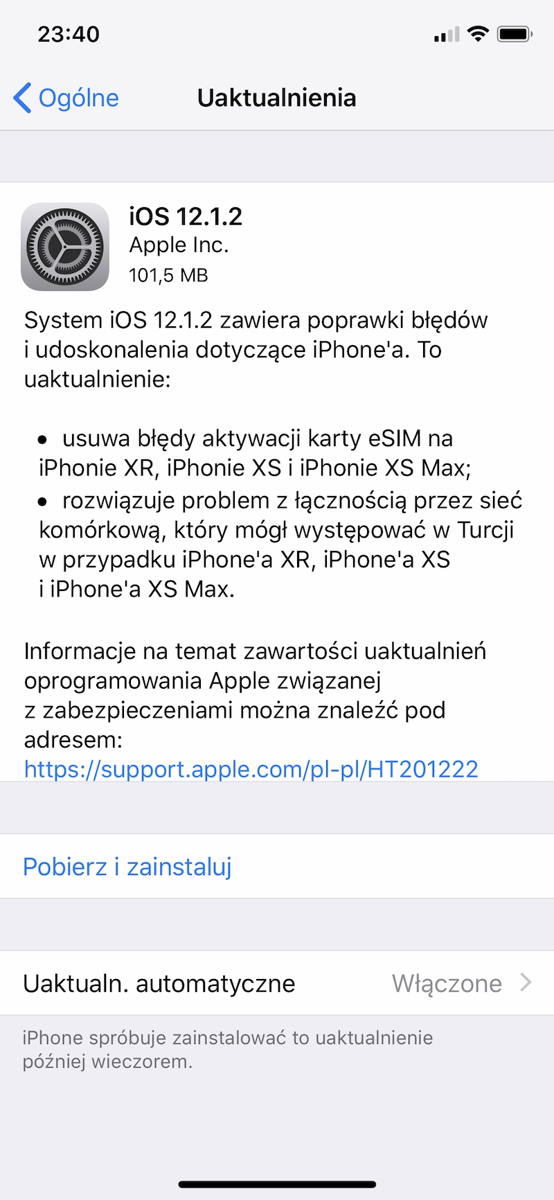 iOS 12.1.2 iphone apple aktualizacja 
