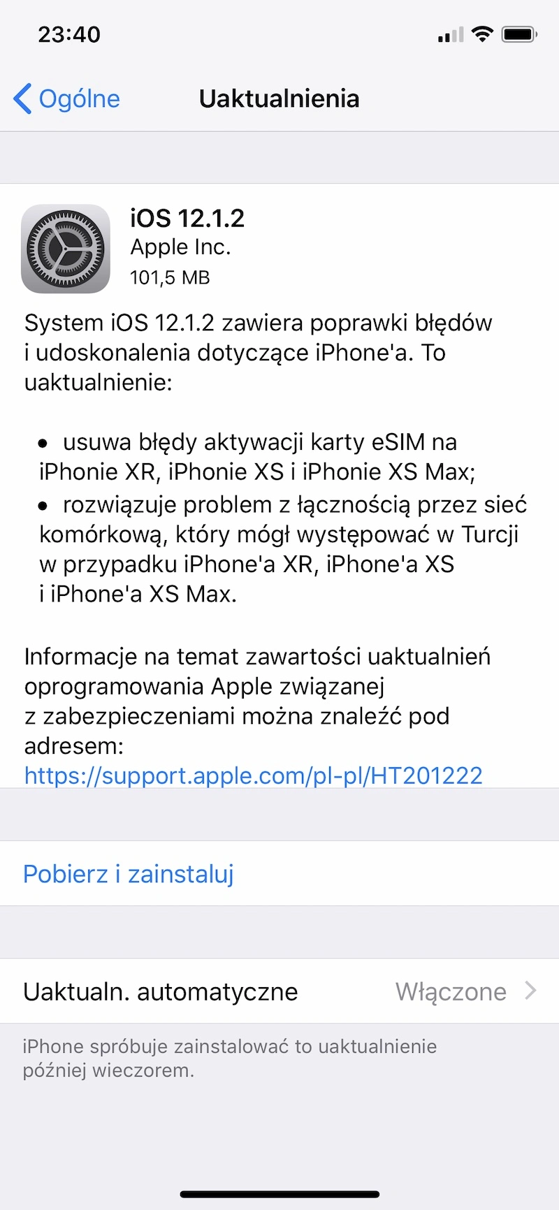 iOS 12.1.2 iphone apple aktualizacja 