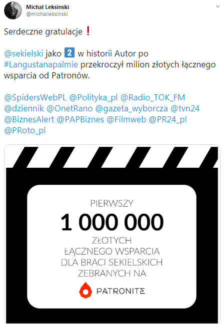Tomasz Sekielski ponad milion na patronite