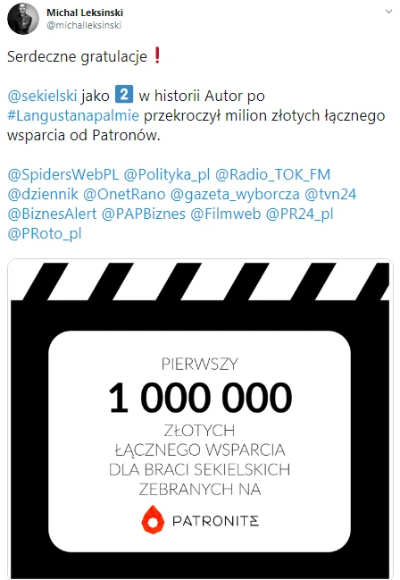 Tomasz Sekielski ponad milion na patronite 
