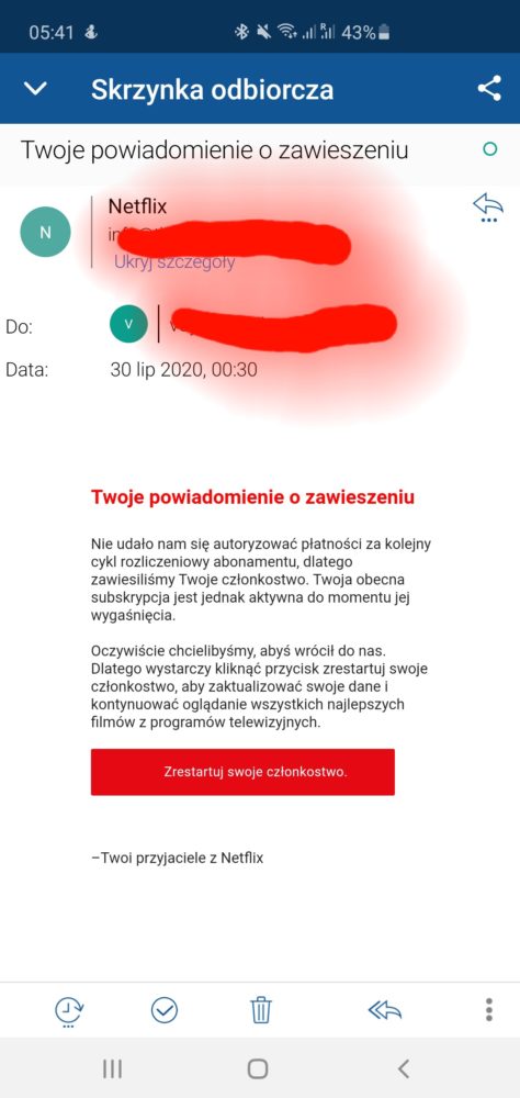 netflix powiadomienie o zawieszeniu konta phishing email oszustwo scam