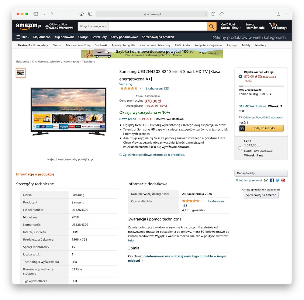 amazon polska pl promocje 1 telewizor Samsung UE32N4302 class="wp-image-1614731"