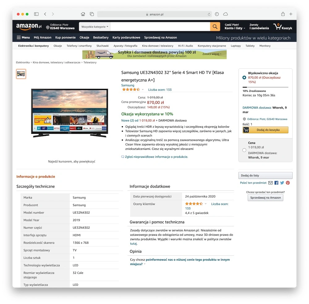 amazon polska pl promocje 1 telewizor Samsung UE32N4302 class="wp-image-1614731"
