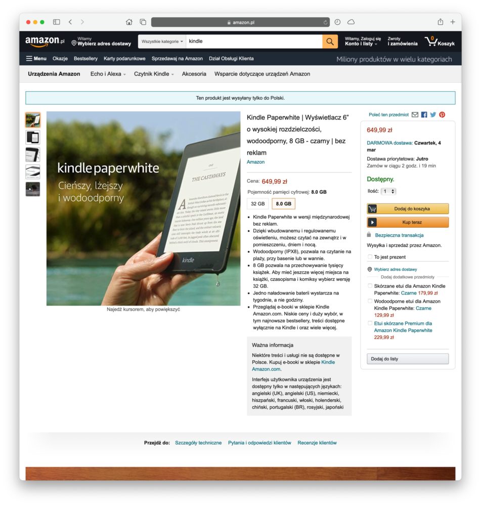 kindle amazon pl gdzie kupic polska cena