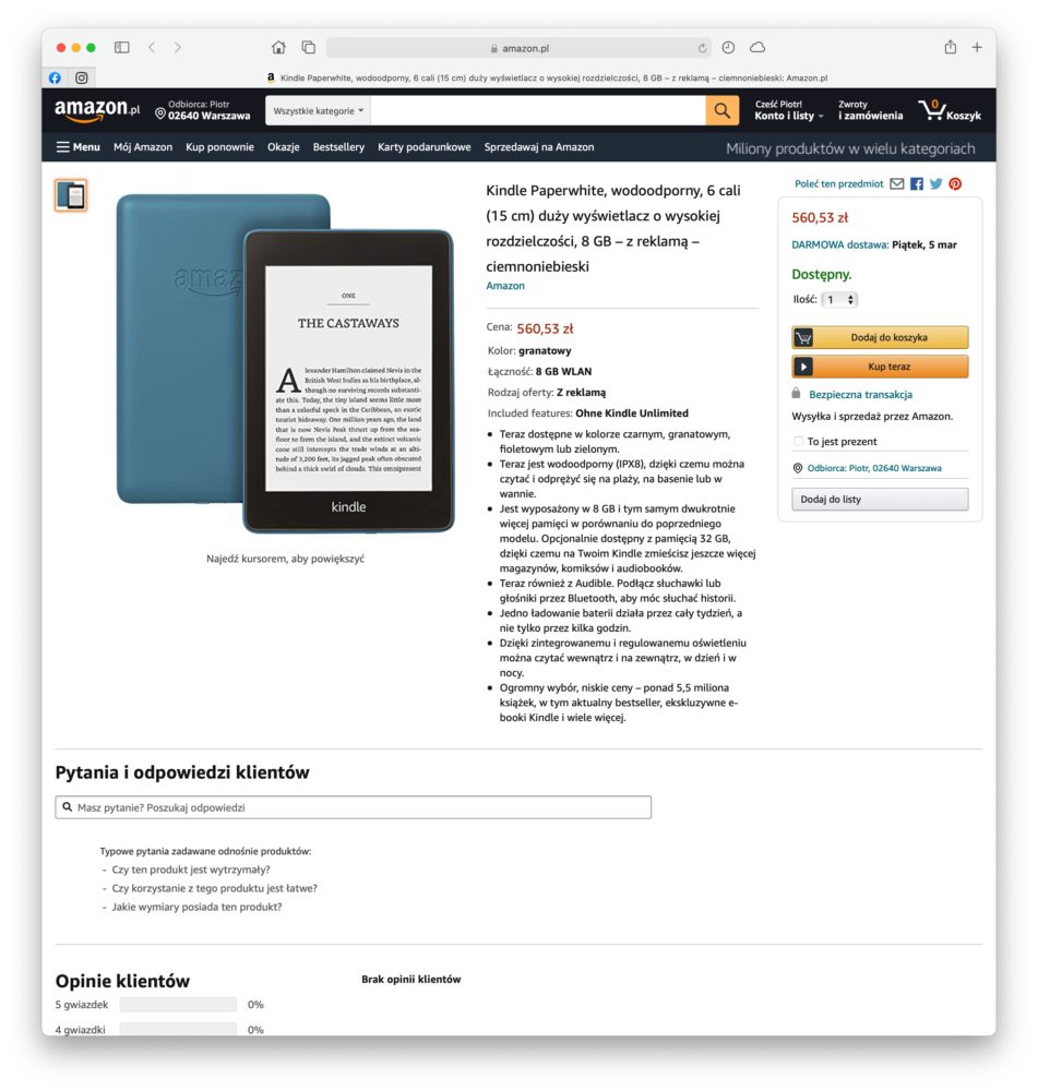 kindle paperwhite z reklamami amazon polska