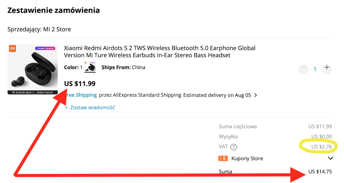 Aliexpress z podatkiem VAT: dopiero po kliknięciu przycisku „Kup” w koszyku widzimy pełną cenę z VAT-em.