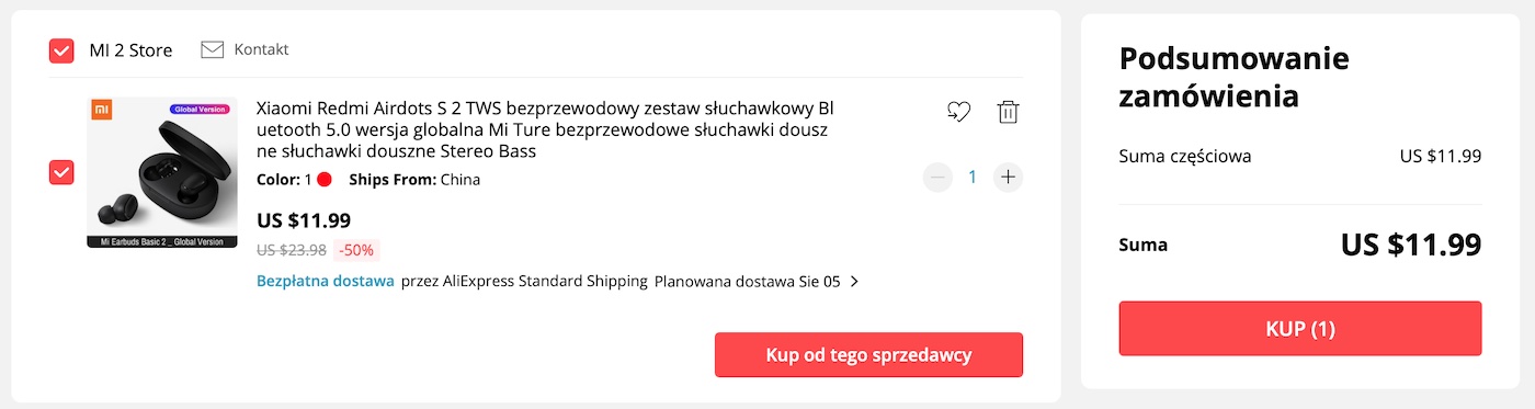 Aliexpress z podatkiem VAT: nawet w koszyku widzimy cenę bez VAT-u.