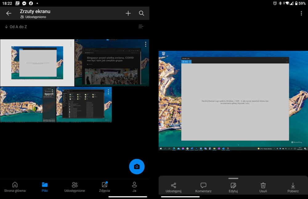 Windows zapisuje zrzuty ekranu również w chmurze. Są dzięki temu dostępne na innych urządzeniach, jak wzięty wyżej za przykład telefon z Androidem