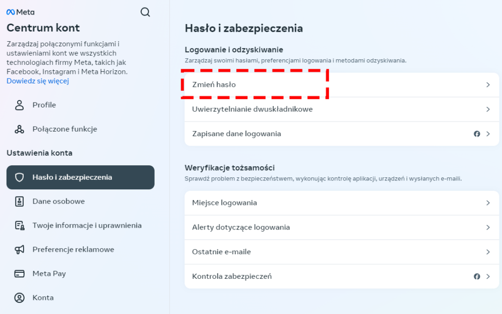 <strong>Jak zmienić hasło na Facebooku na komputerze?</strong> Wybierz "Zmień hasło"