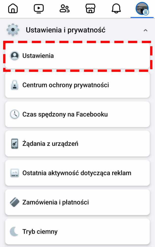 Zmiana hasła na FB, gdy nie pamiętasz obecnego hasła. Wybierz "Ustawienia"