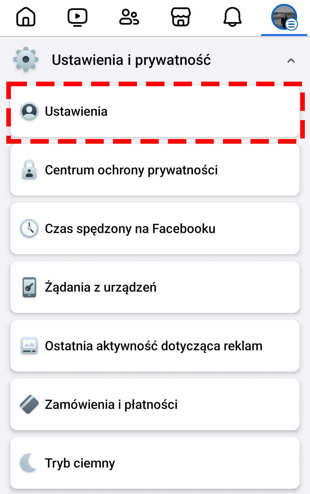 Zmiana hasła na FB, gdy nie pamiętasz obecnego hasła. Wybierz "Ustawienia"