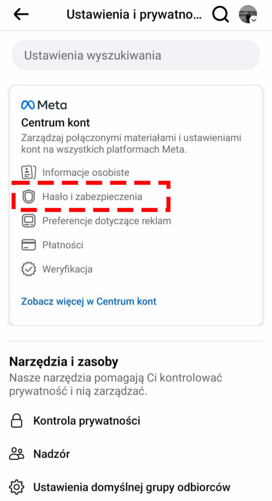 Zmiana hasła na FB, gdy nie pamiętasz obecnego hasła. Wybierz "Hasło i zabezpieczenia"