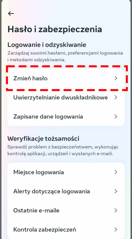 Zmiana hasła na FB, gdy nie pamiętasz obecnego hasła. Wybierz "Zmień hasło"