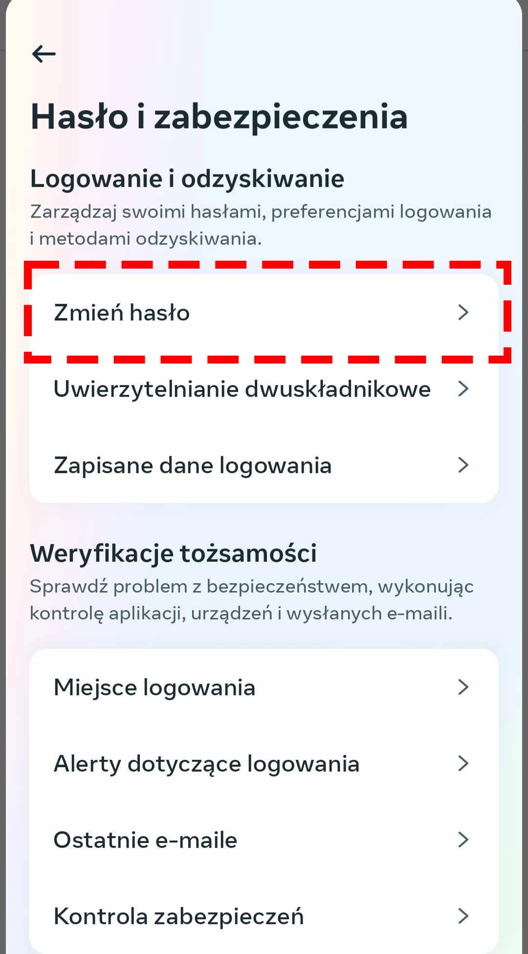 Zmiana hasła na FB, gdy nie pamiętasz obecnego hasła. Wybierz "Zmień hasło"
