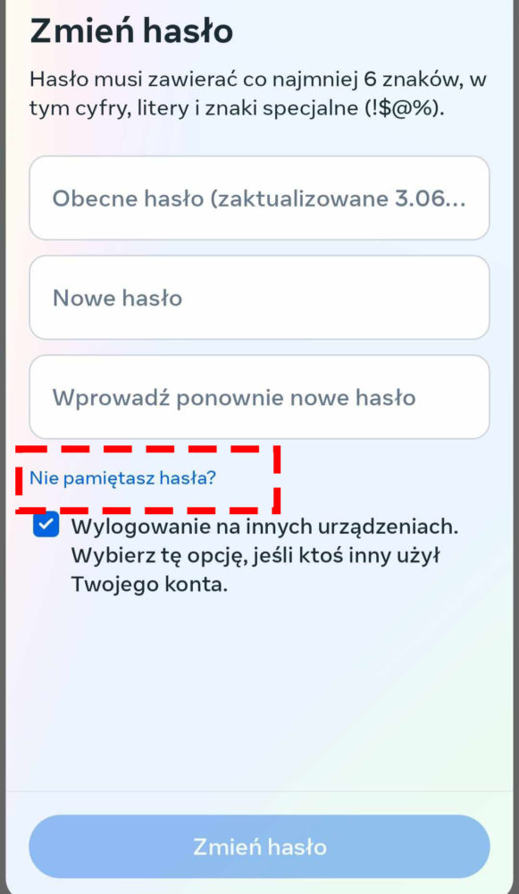 Zmiana hasła na FB, gdy nie pamiętasz obecnego hasła. Wybierz "Nie pamiętasz hasła?"