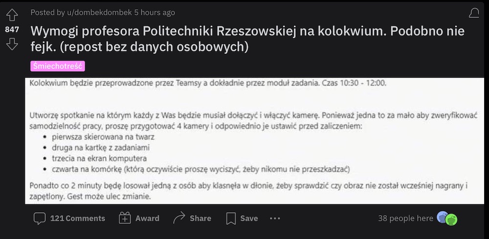 klaskanie 4 kamerki na egzaminie teams zaliczenie kolokwium politechnika rzeszowska
