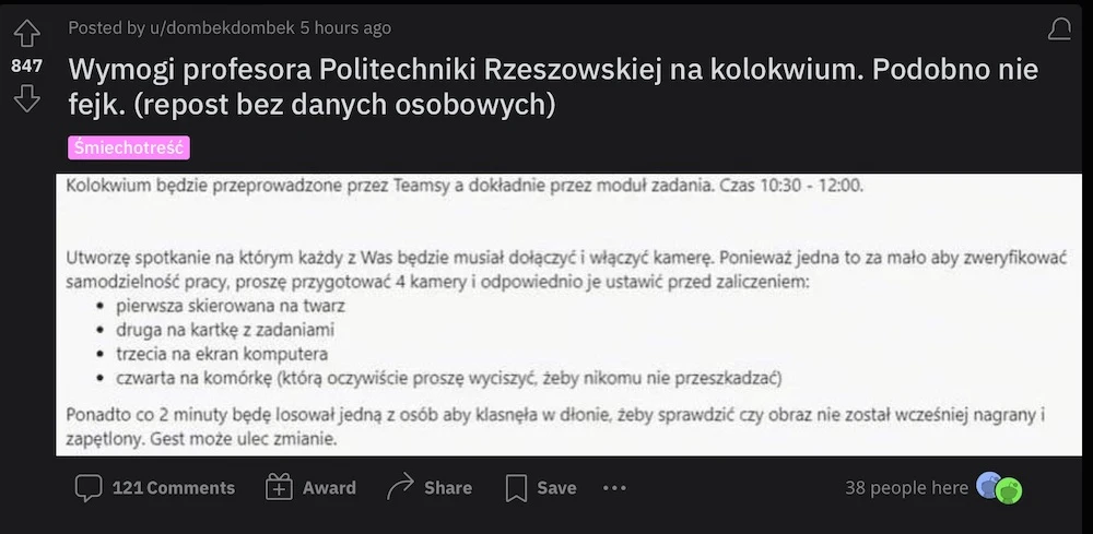 klaskanie 4 kamerki na egzaminie teams zaliczenie kolokwium politechnika rzeszowska 