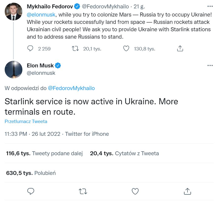 Starlink w Ukrainie. Elon Musk wysyła kolejne satelity. class="wp-image-2066599" 