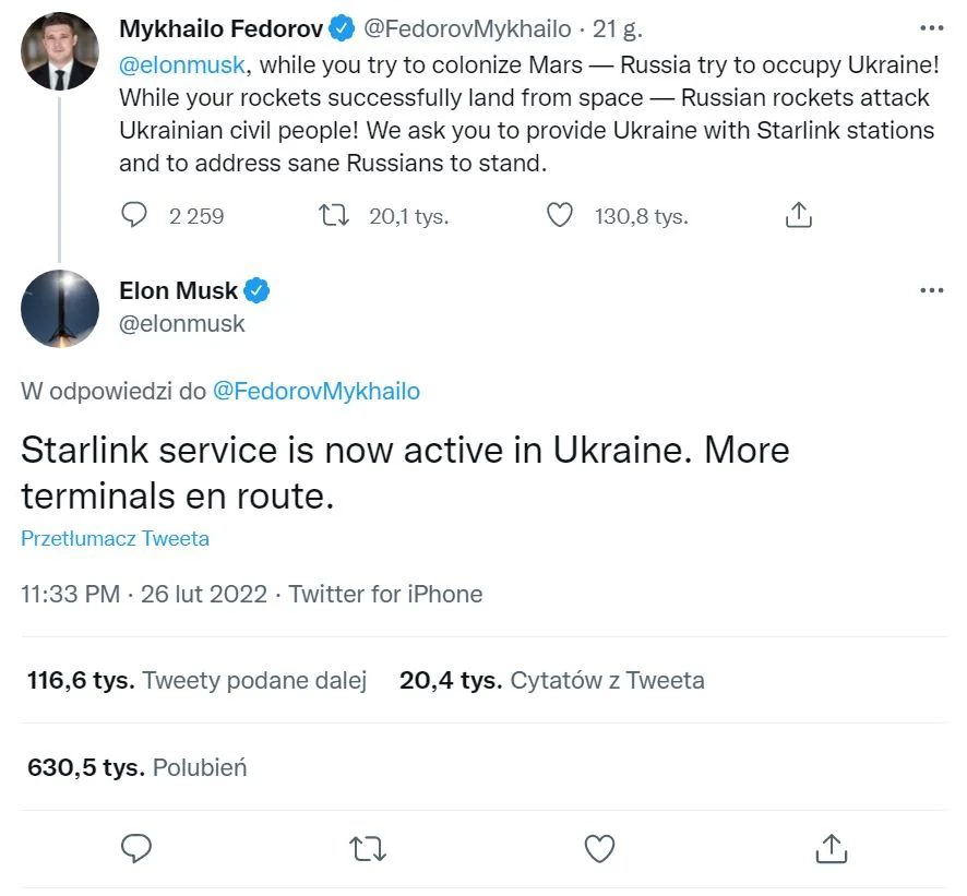 Starlink w Ukrainie. Elon Musk wysyła kolejne satelity. class="wp-image-2066599" 