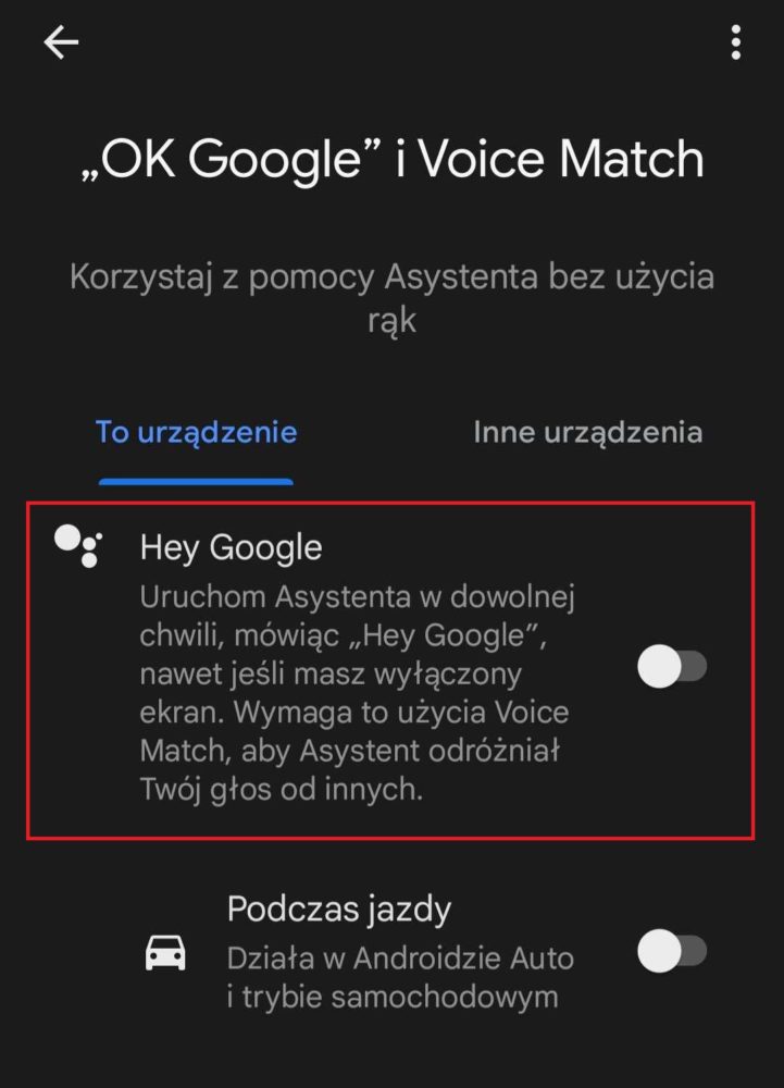 Przesuń przełącznik, aby wyłączyć funkcję