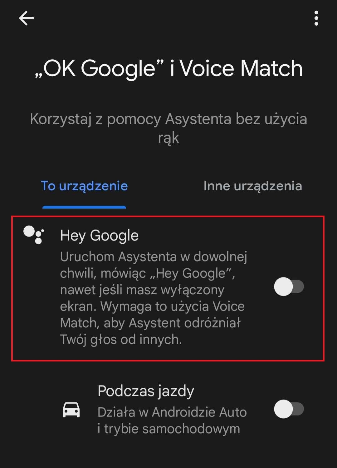 Przesuń przełącznik, aby wyłączyć funkcję