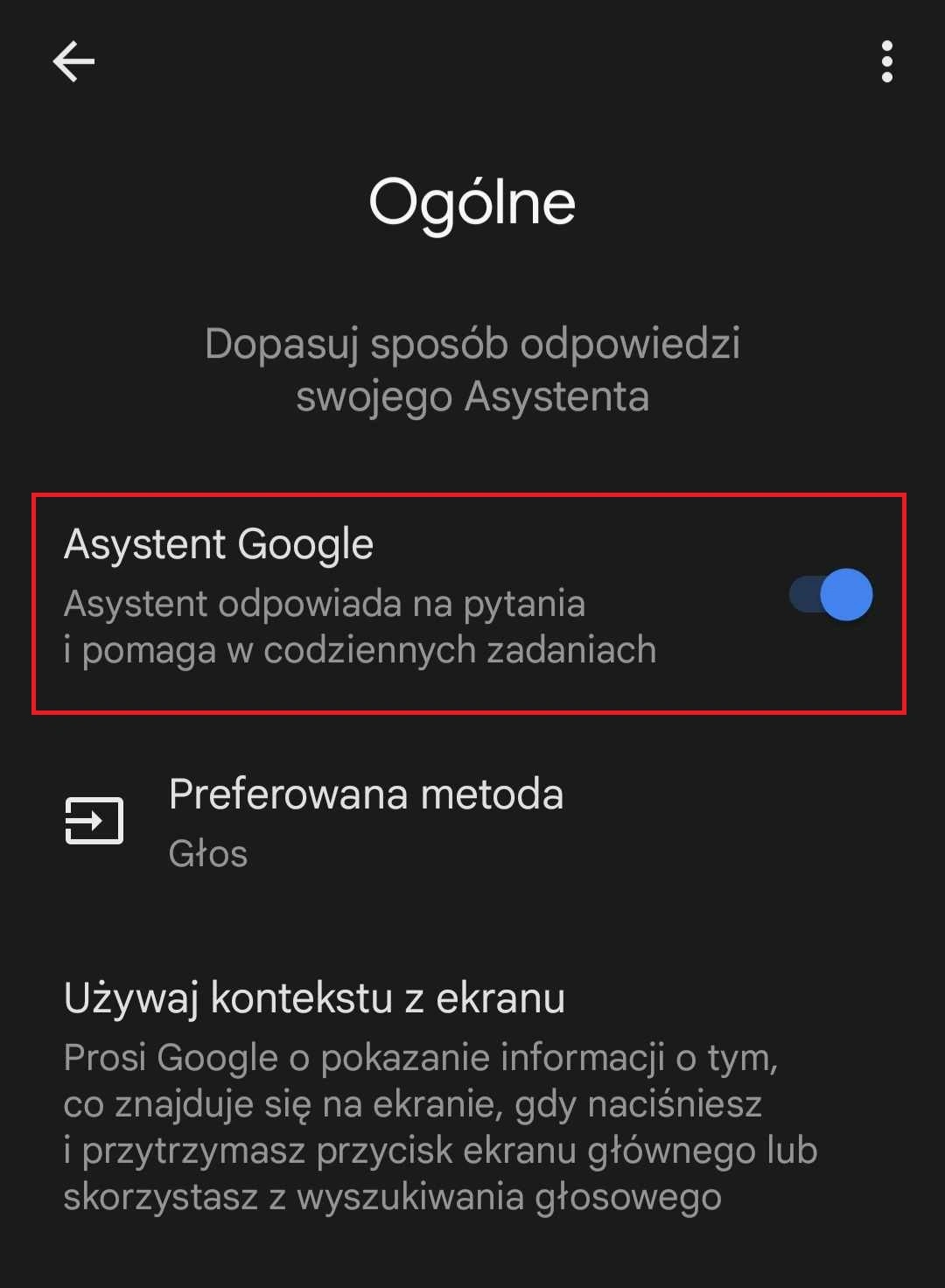 Klikając, w "Asystent Google", dezaktywuj funkcję