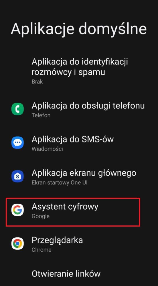W menu "Aplikacje domyślne" znajdź i wybierz "Asysten cyfrowy".