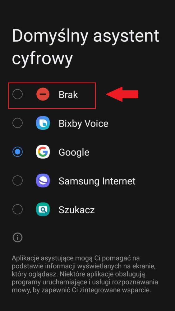 Zamiast "Asystenta Google" wybierz opcję "Brak".