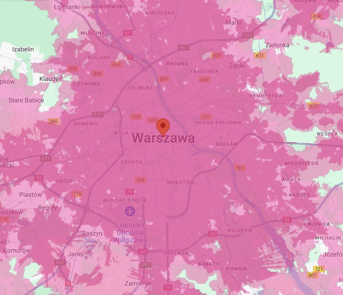 Aktualna mapa zasięgu 5G (jaśniejszy kolor) i 5G Bardziej (ciemniejszy kolor) od T-Mobile - Warszawa i okolice (zrzut ekranu: 23 maja 2025 r.)