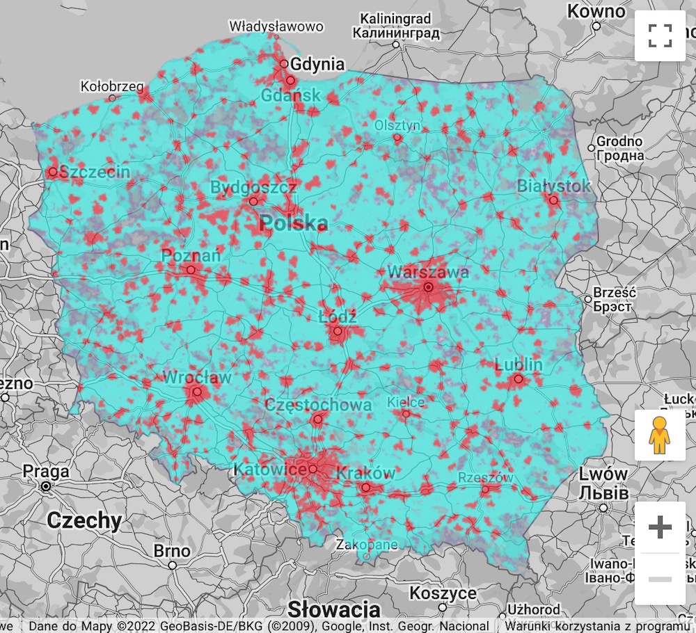Archiwalna mapa zasięgu 5G od Plusa, na czerwono (zrzut ekranu: 23 września 2022 r.)