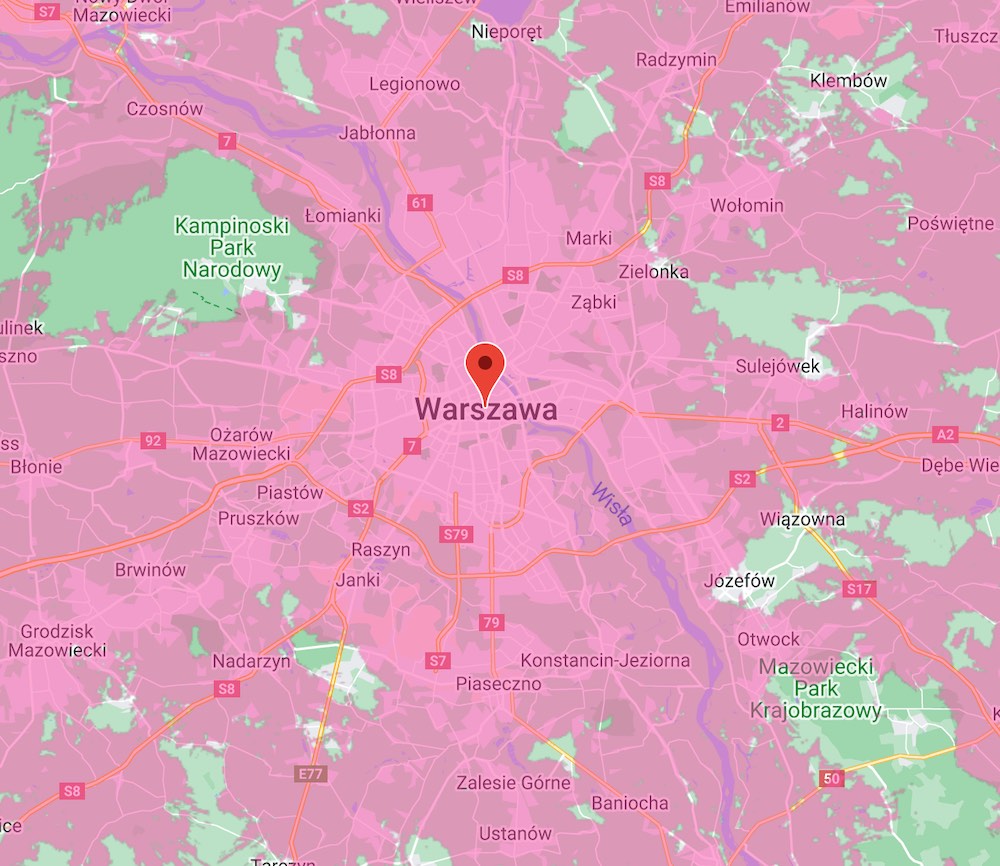 Archiwalna mapa zasięgu 5G od T-Mobile - Warszawa i okolice (zrzut ekranu: 23 września 2022 r.)