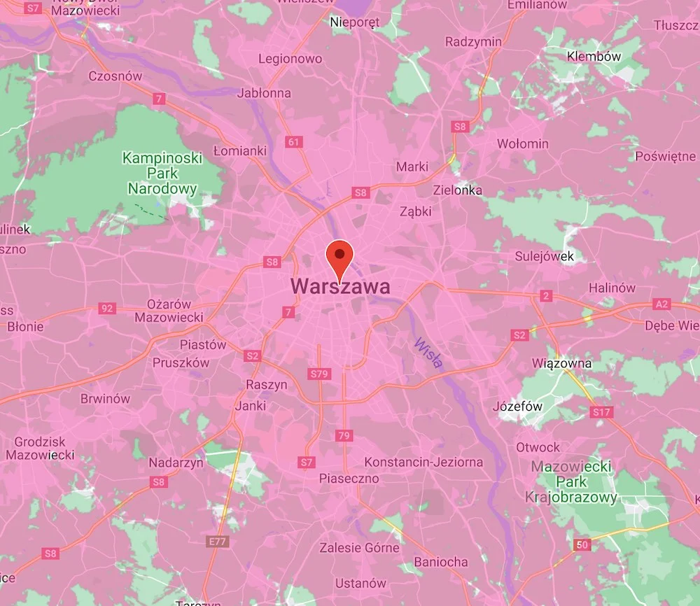 Archiwalna mapa zasięgu 5G od T-Mobile - Warszawa i okolice (zrzut ekranu: 23 września 2022 r.)