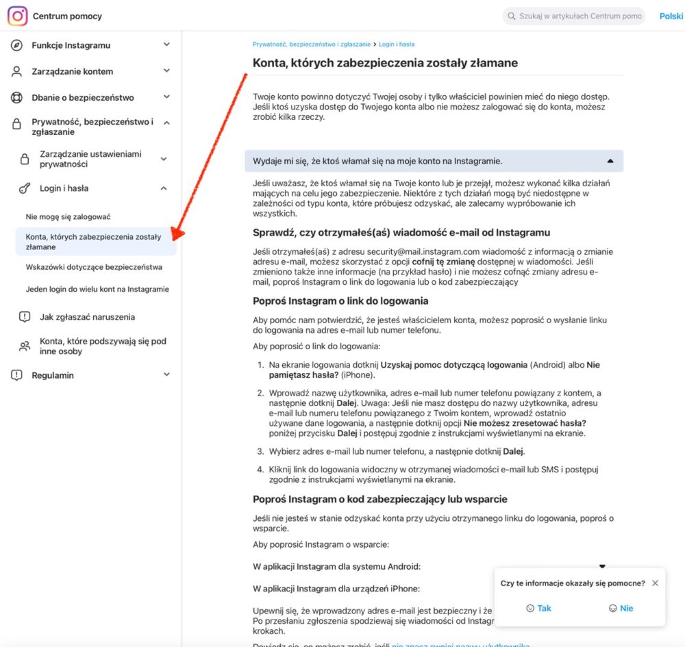 Instagram - strony pomocy wyjaśniają, jak odzyskać konto