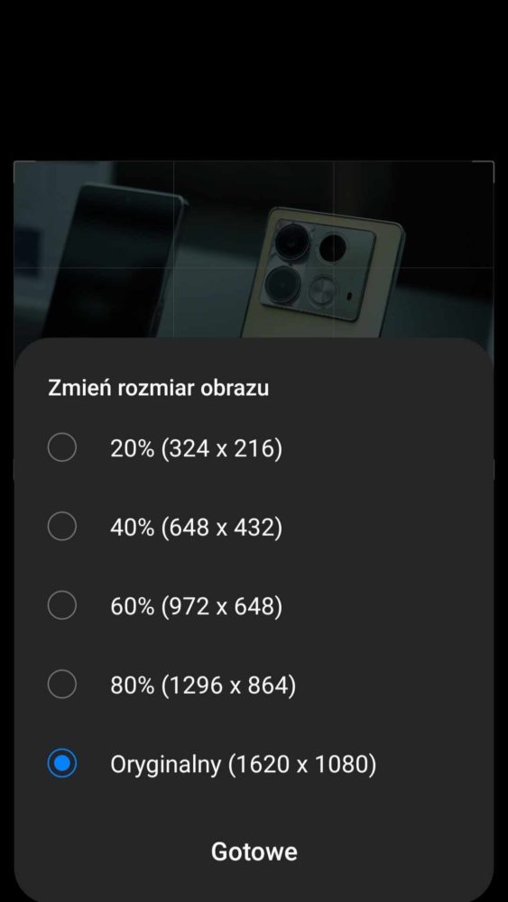 Wybierz docelowy rozmiar zdjęcia i kliknij "Gotowe"
