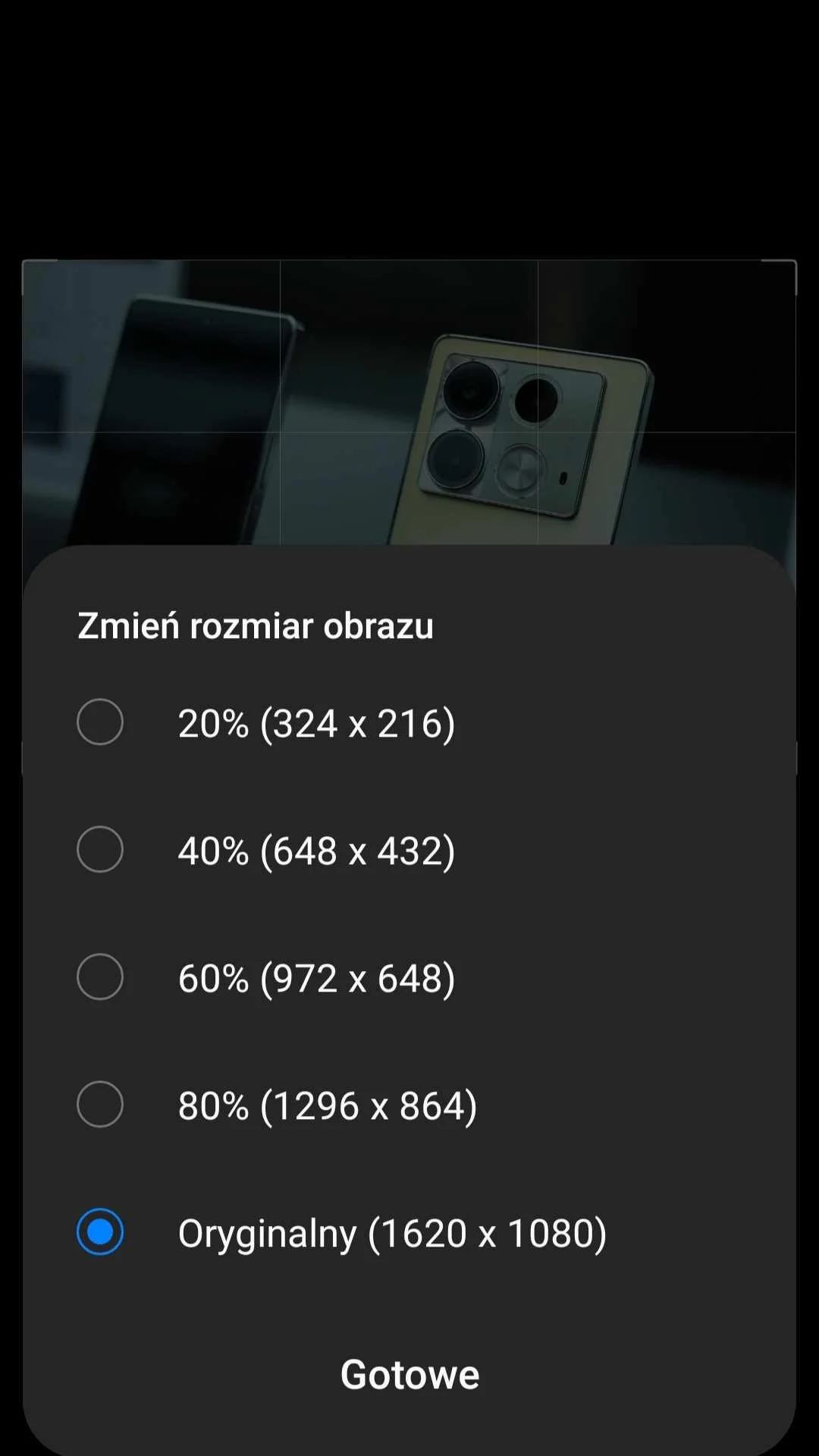Wybierz docelowy rozmiar zdjęcia i kliknij "Gotowe"