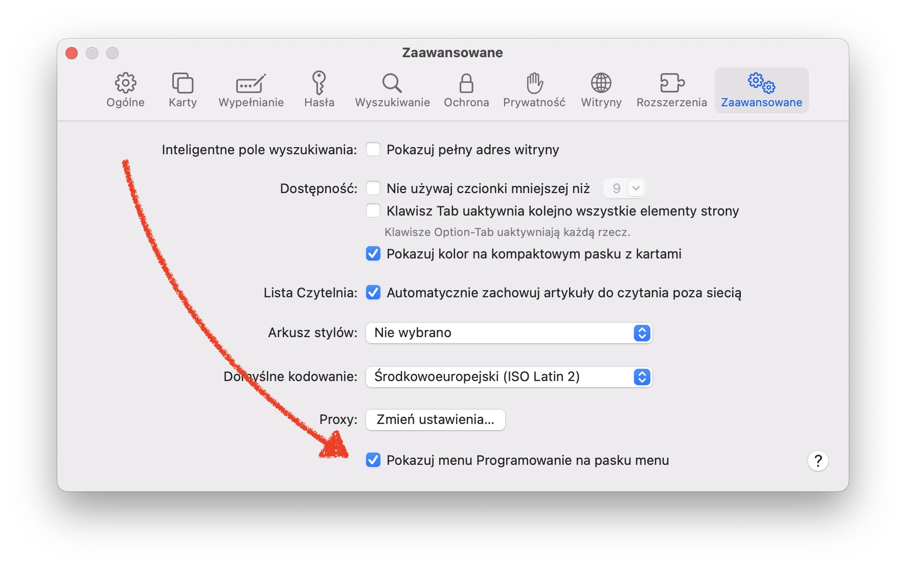 Ustawienia Safari macOS menu programowanie