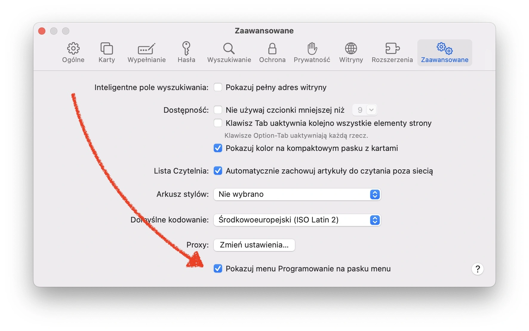 Ustawienia Safari macOS menu programowanie