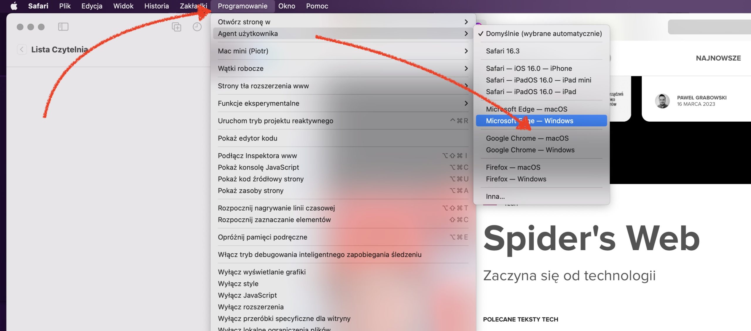 Safari na komputerze Mac, zmiana parametru User Agent w celu uruchomienia Bing Chat