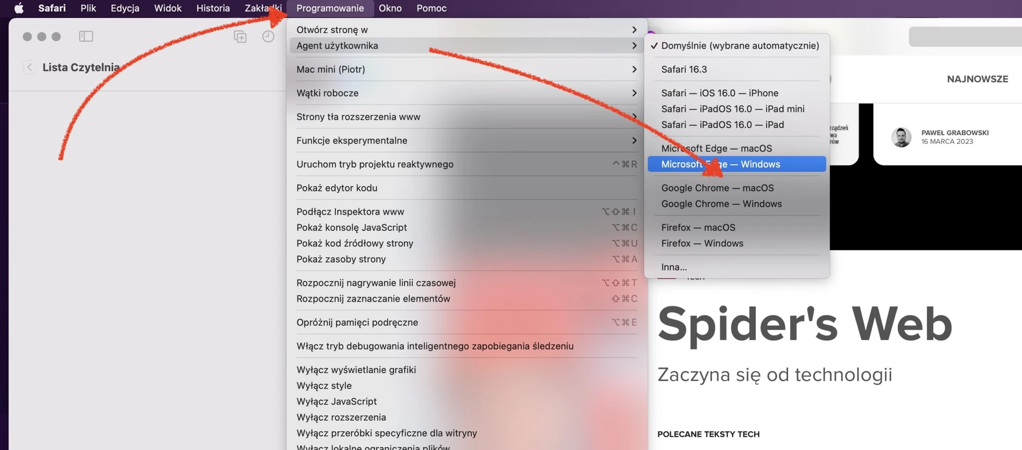 Safari na komputerze Mac, zmiana parametru User Agent w celu uruchomienia Bing Chat