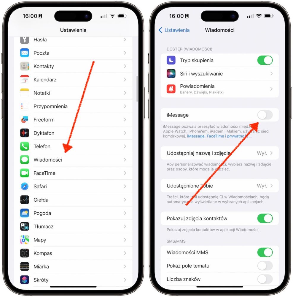 Apliakacja Ustawienia i sekcja Wiadomości w iPhonie 