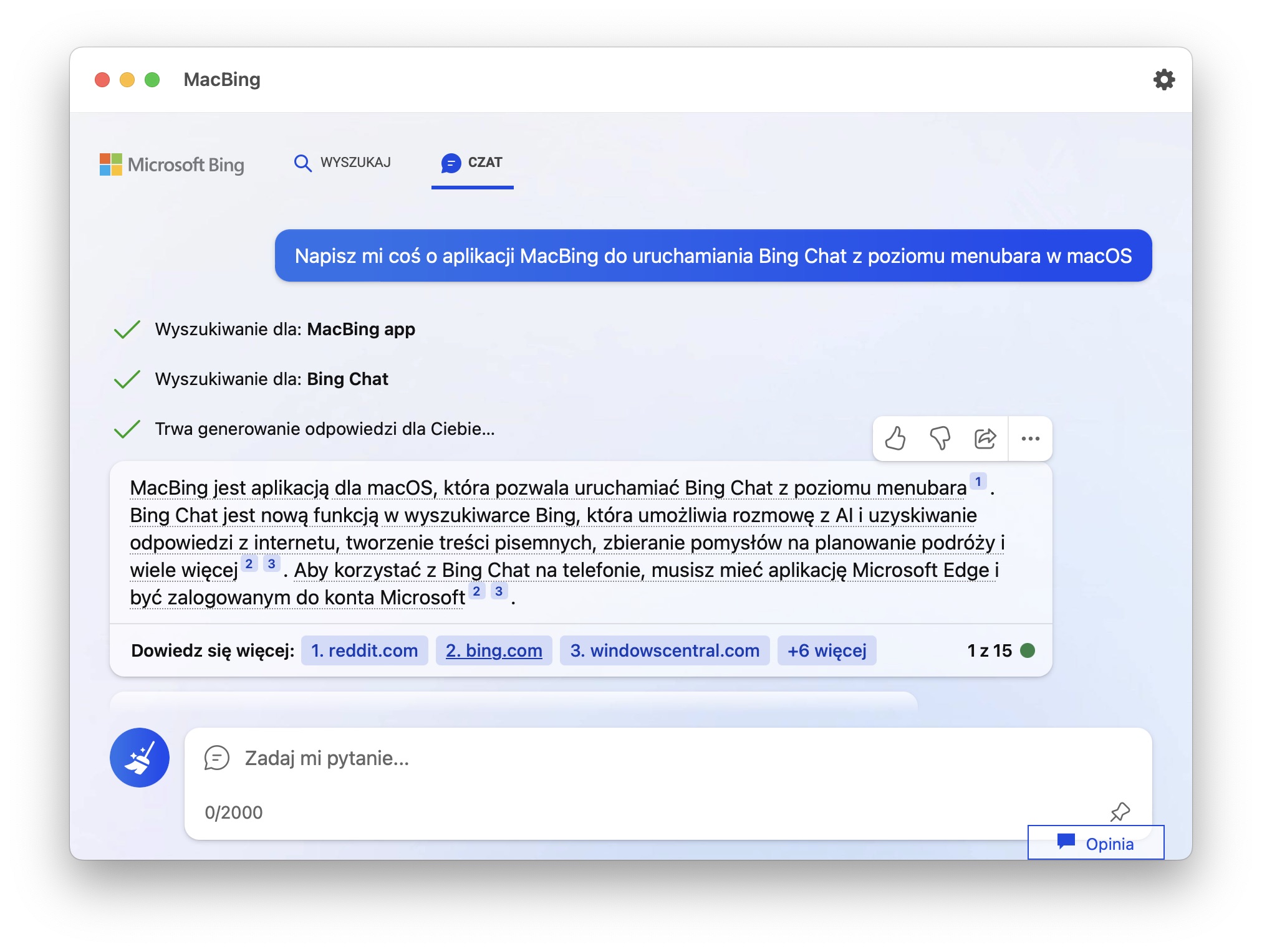 MacBing to aplikacja na macOS do obsługi Bing Chat