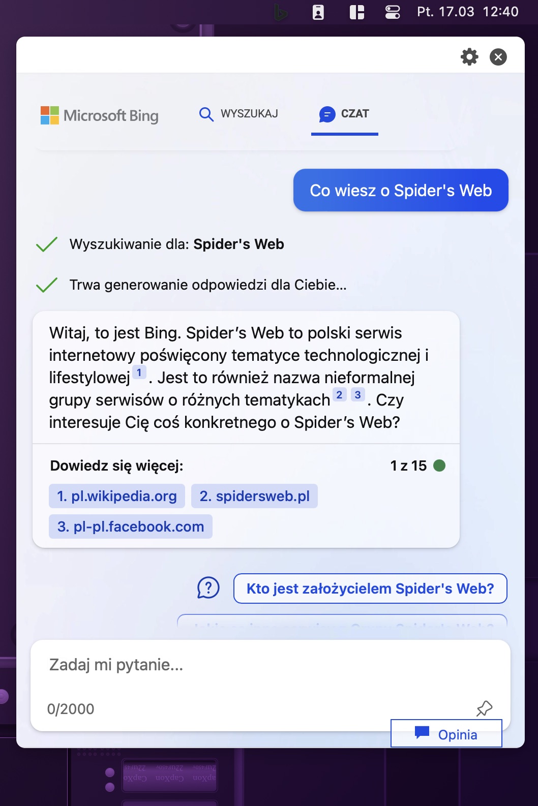 MacBing uruchomiony z poziomu paska menu