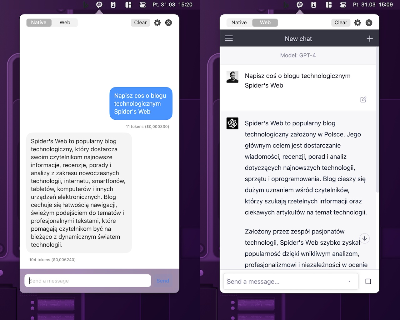 Aplikacja do obsługi ChatGPT o nazwie MacGPT uruchomiona na komputerze Mac, dwa widoki