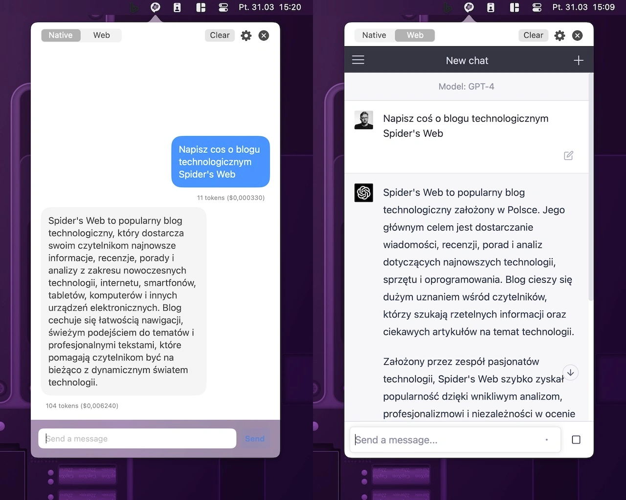 Aplikacja do obsługi ChatGPT o nazwie MacGPT uruchomiona na komputerze Mac, dwa widoki