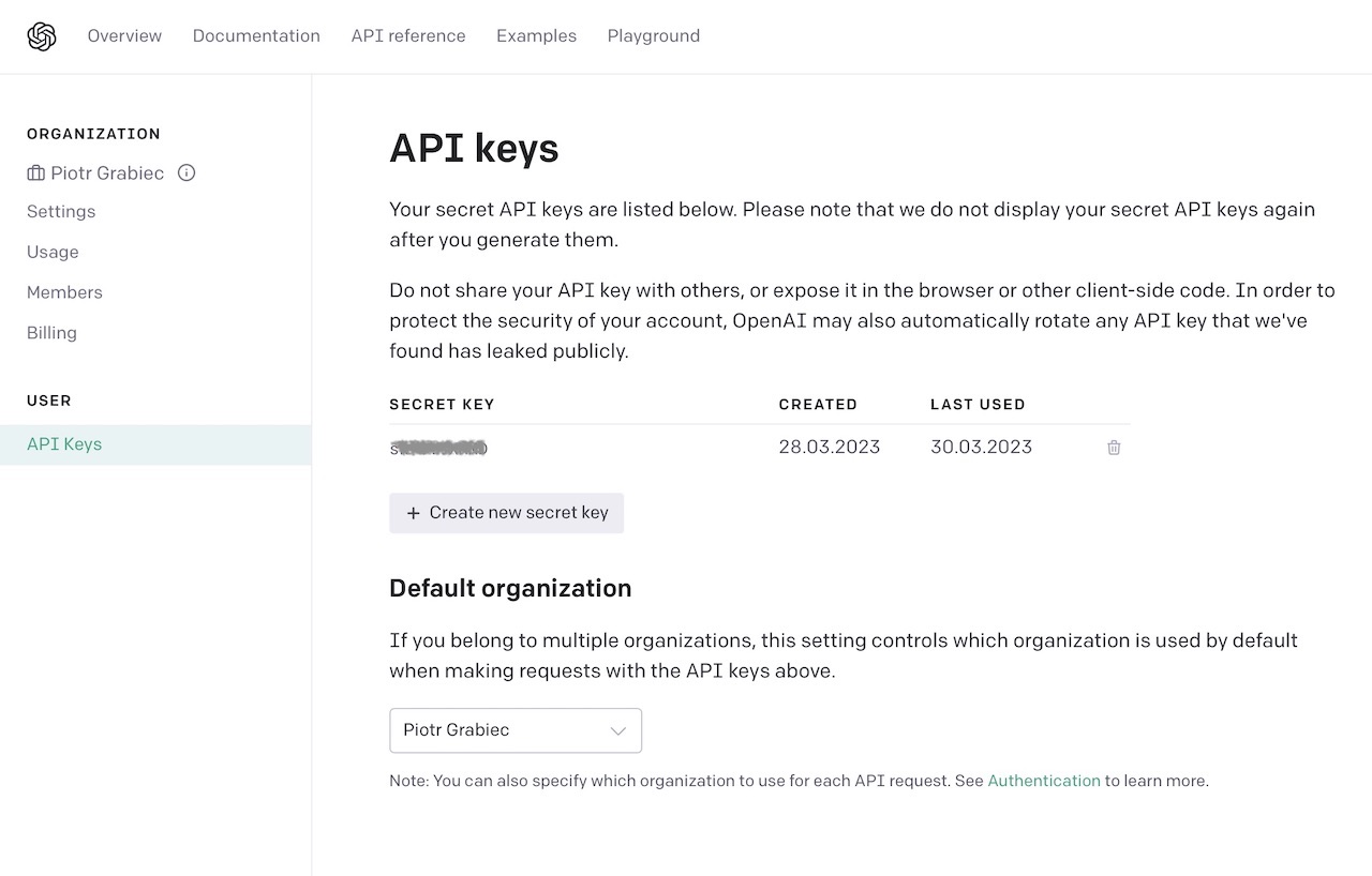 Open AI i API Key - strona do generowania sekretnego klucza