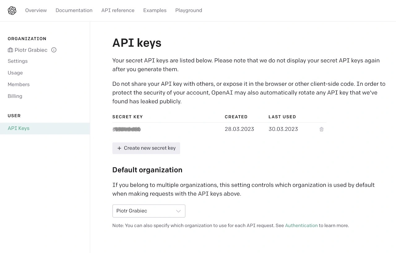 Open AI i API Key - strona do generowania sekretnego klucza