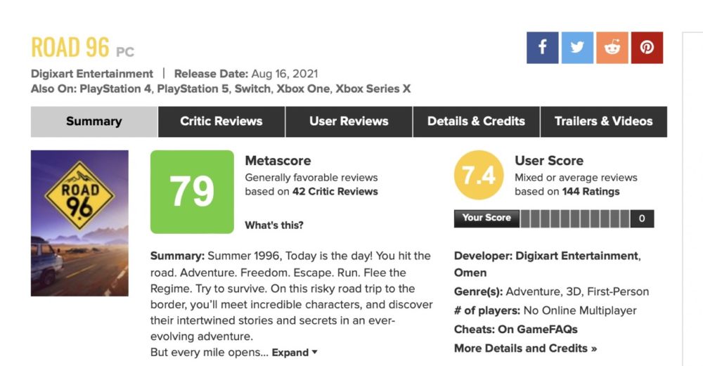 road 96 ocena metacritic