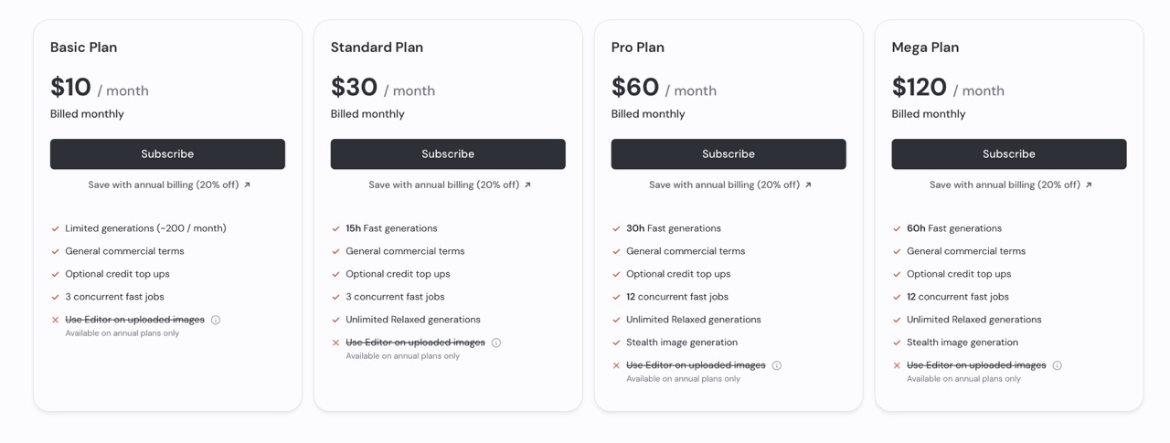 midjourney plan basic standard pro mega