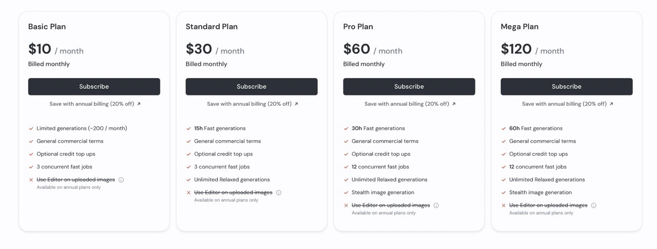 midjourney plan basic standard pro mega 